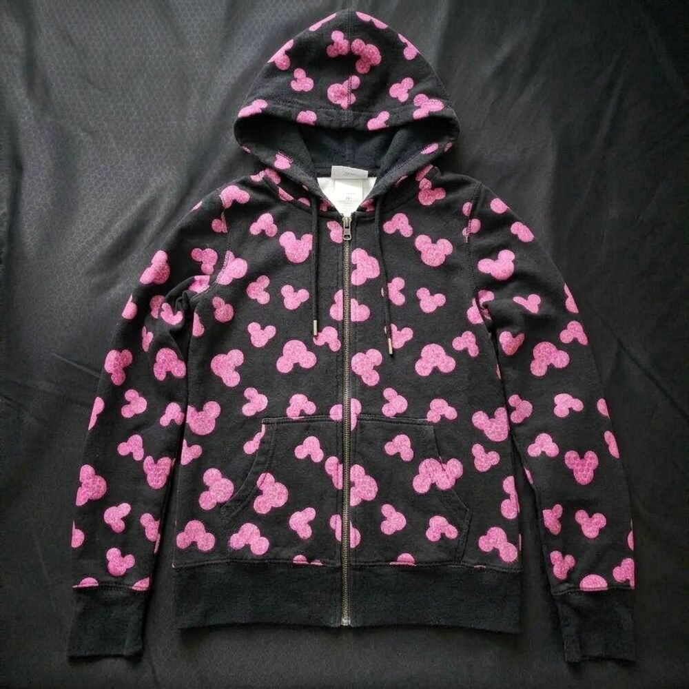 Walt Disney World Full Zip Hoodie Mickey Head Glitter Pattern Black Pink XL